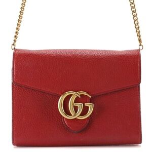 Gucci GG Marmont Wallet on Chain Crossbody Bag in Red Grained Calfskin